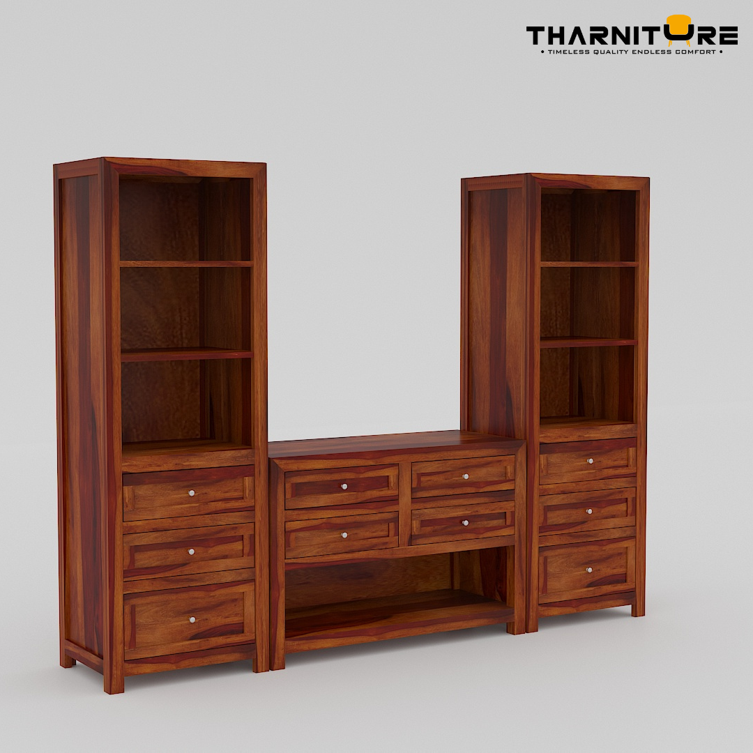 Wood Tv Unit with multiple Storage Shelves and Drawers