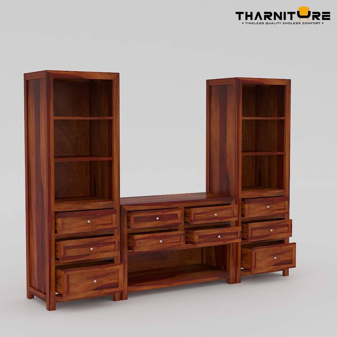 Wood Tv Unit with multiple Storage Shelves and Drawers