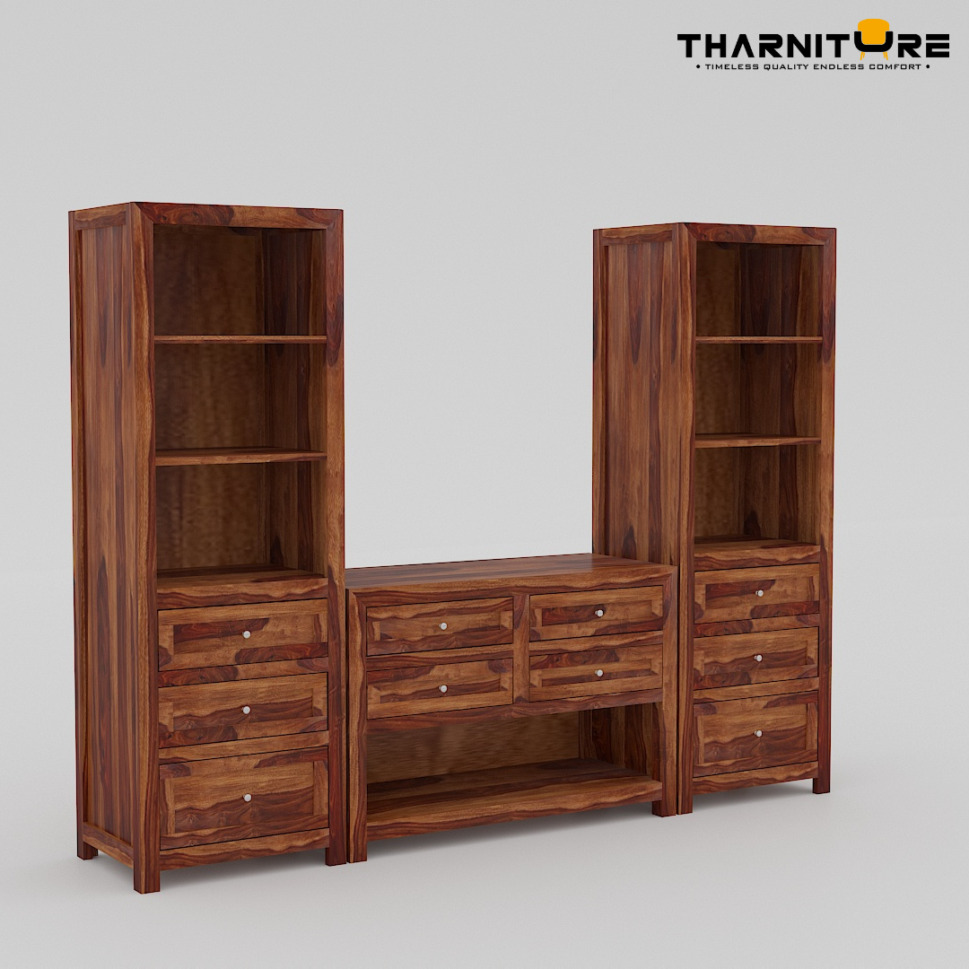 Wood Tv Unit with multiple Storage Shelves and Drawers