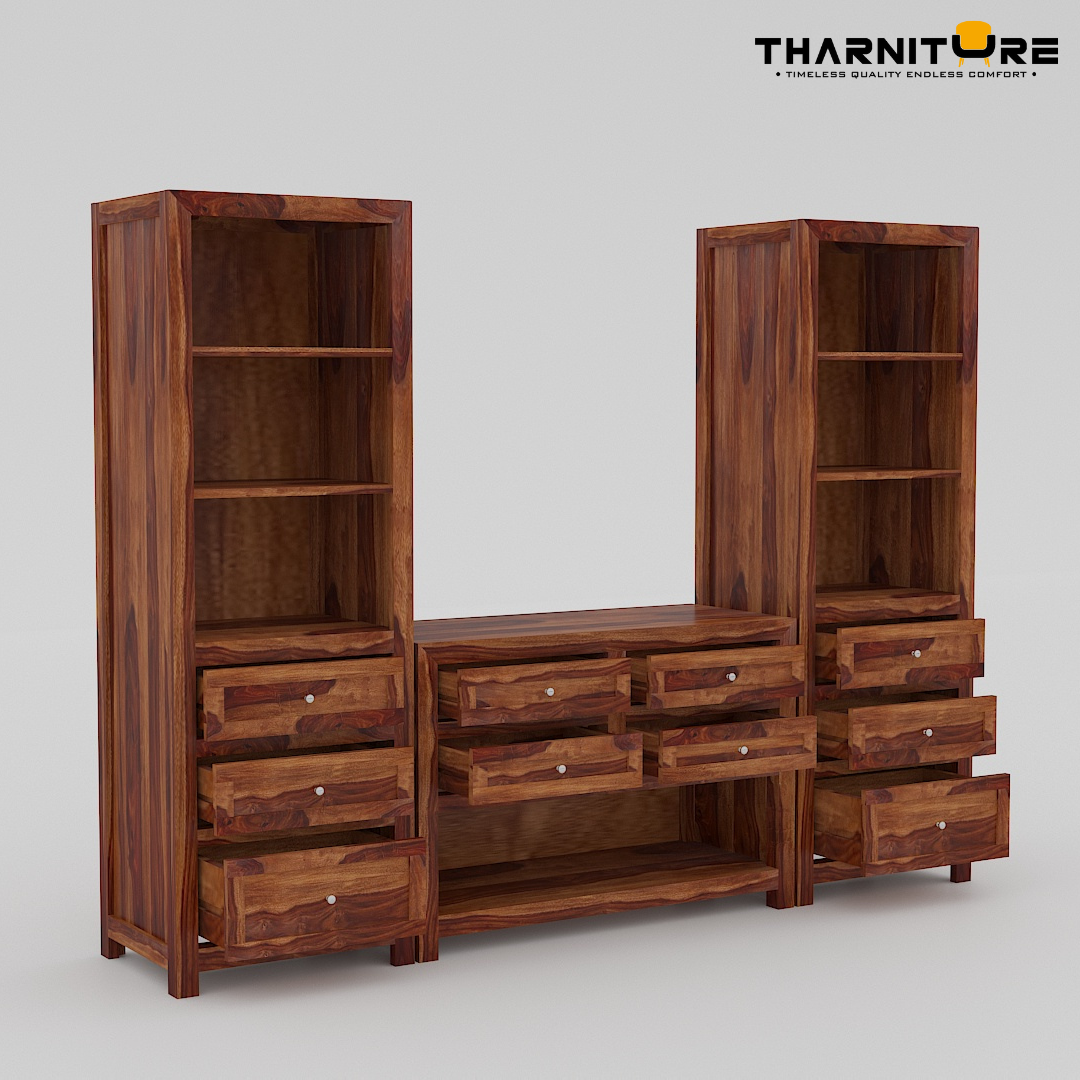 Wood Tv Unit with multiple Storage Shelves and Drawers